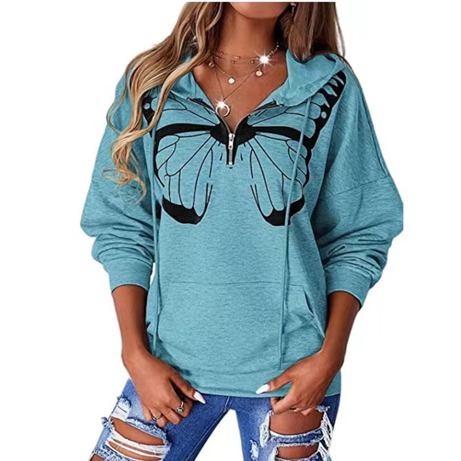 Women s Hoodies Butterfly Print Long Sleeve Casual Drawstring Pullover Sweatshirts With Pockets L