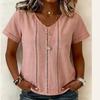 Women V Neck Short Sleeve Lace Splicing Casual Loose Blouse Top