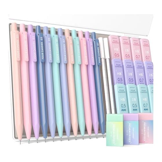 Four Candies 12-Piece Mechanical Pencil Set with 0.5 & 0.7mm HB & 2B Lead Refills, Cute Pencils, 720 Lead Refills, 3 Pastel Erasers, 18 Eraser