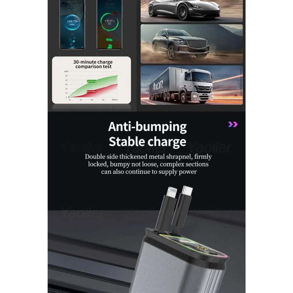 Upgraded 120W PD+USB Quick Charger with 2 Retractable Cable Fast Charging Car Phone Charge W/ Ambient Light 4 In 1 Power Adapter