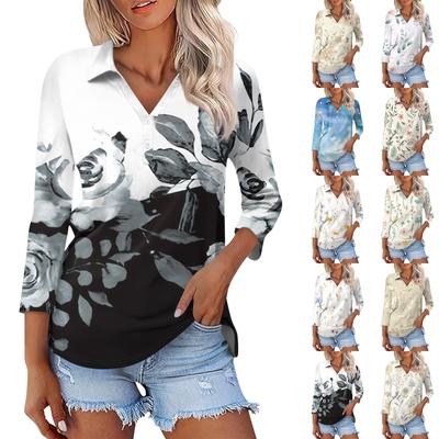 Women's Fashion Casual Button 3/4 Sleeve Floral Print Lapel  Shirt Top