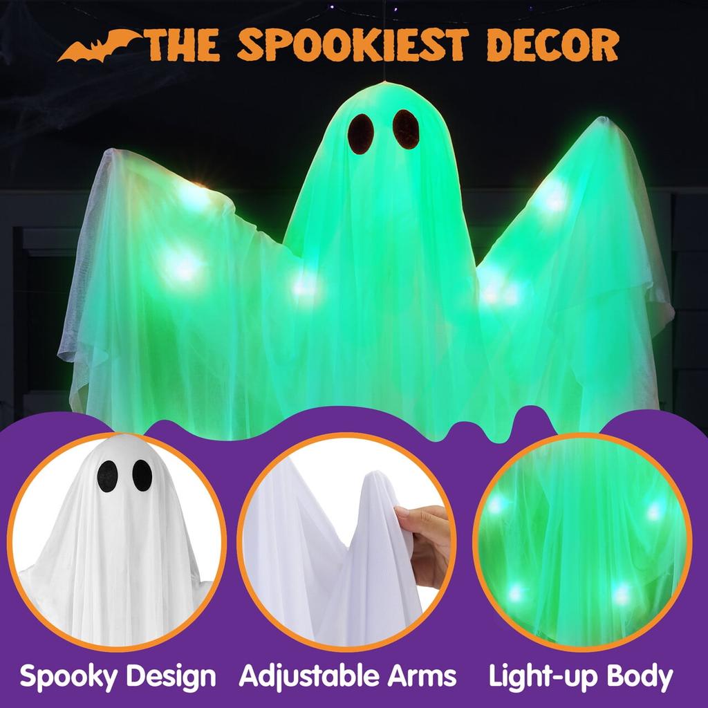 Joyfy Halloween 47 Inch Hanging Ghosts  Decorations White Ghosts with Spooky Green LED Light for Halloween Outdoor Decoration