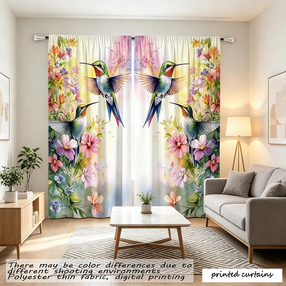 2pcs Spring Hummingbird Flower Theme Curtain Set Spring Decoration High Quality Room Decoration Curtains
