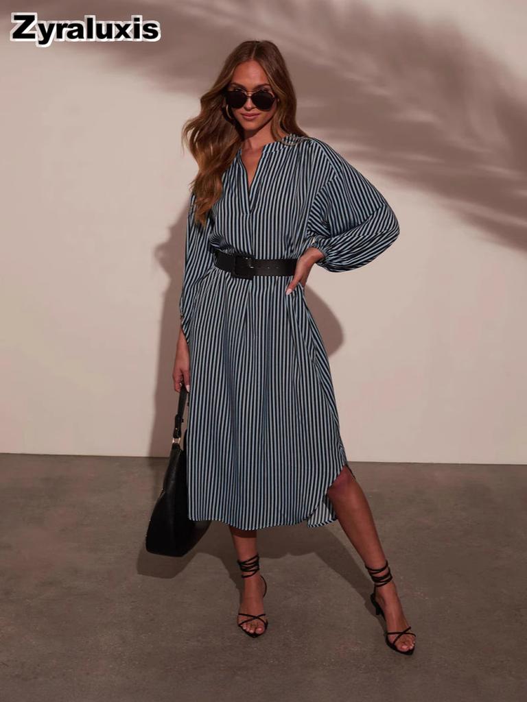 Women's Spring Fashion V-Neck Loose Striped Belted Shirt Dress