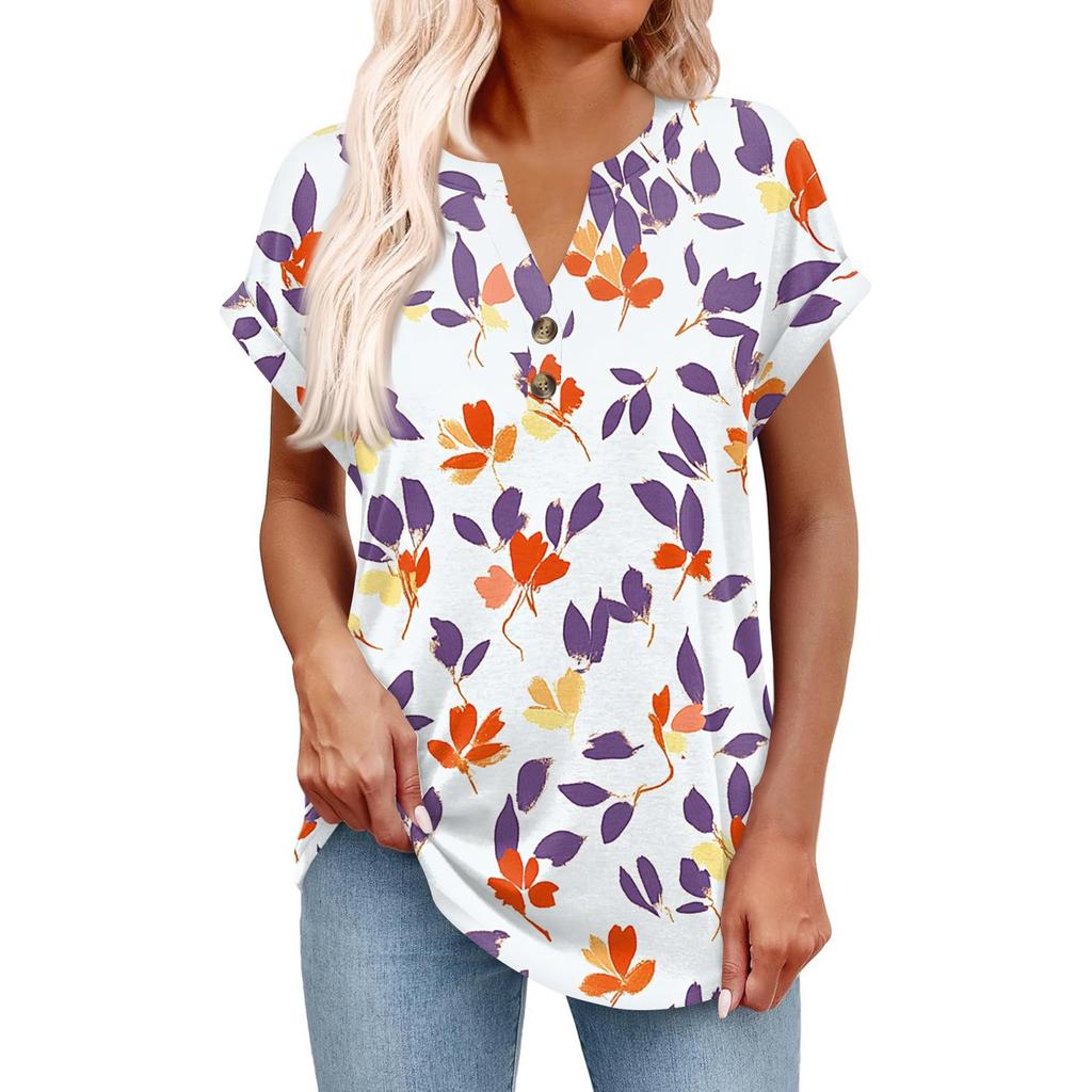 Top Pulôver Feminino Casual da Moda de Manga Curta com Decote em V, Botões e Estampa