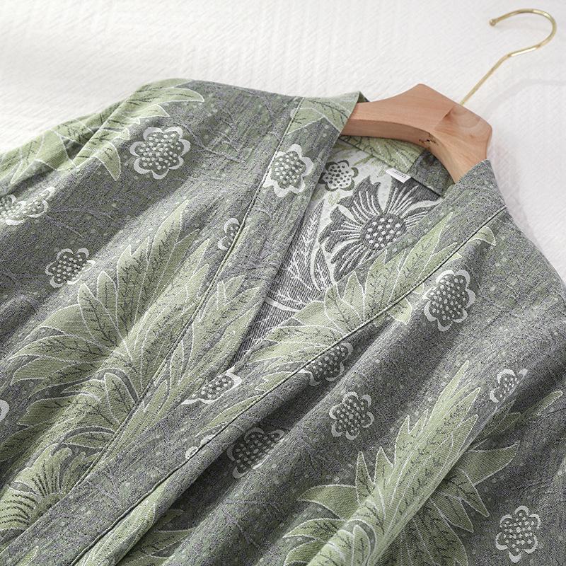 Women's Retro Pure Cotton Kimono Bathrobe Pajamas - Japanese Gauze Jacquard Sauna Homewear