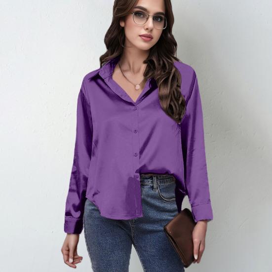 Women Shirt Lapel Long Sleeve Smooth Satin Shirt Tops Solid Color Loose Fit Casual Shirt Office Lady Shirt Daily Wear