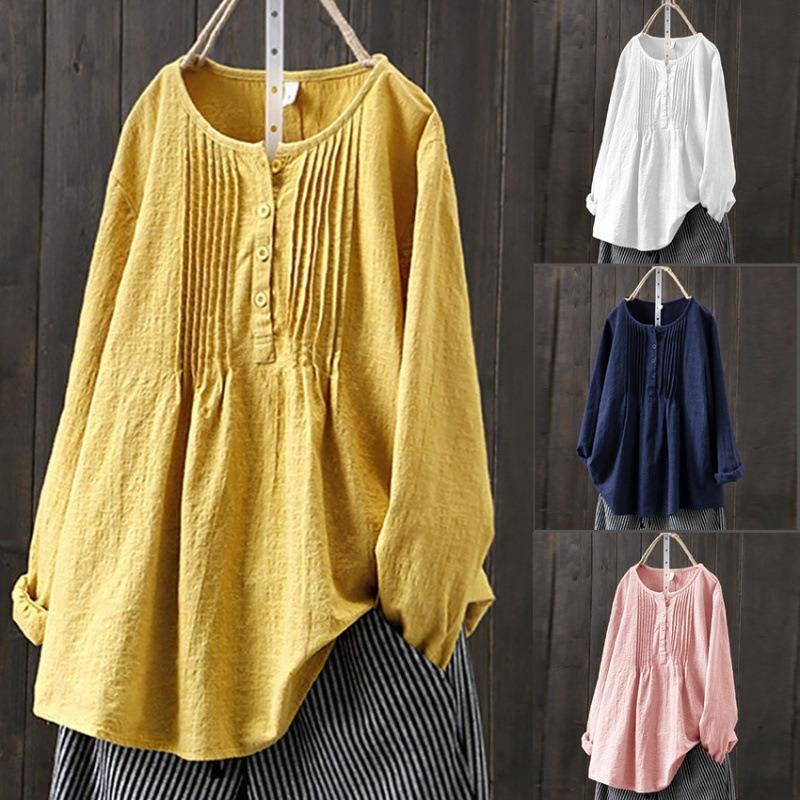 

Loose Cotton and Linen Long Sleeved Women s Pleated Round Neck Shirt 5XL синій