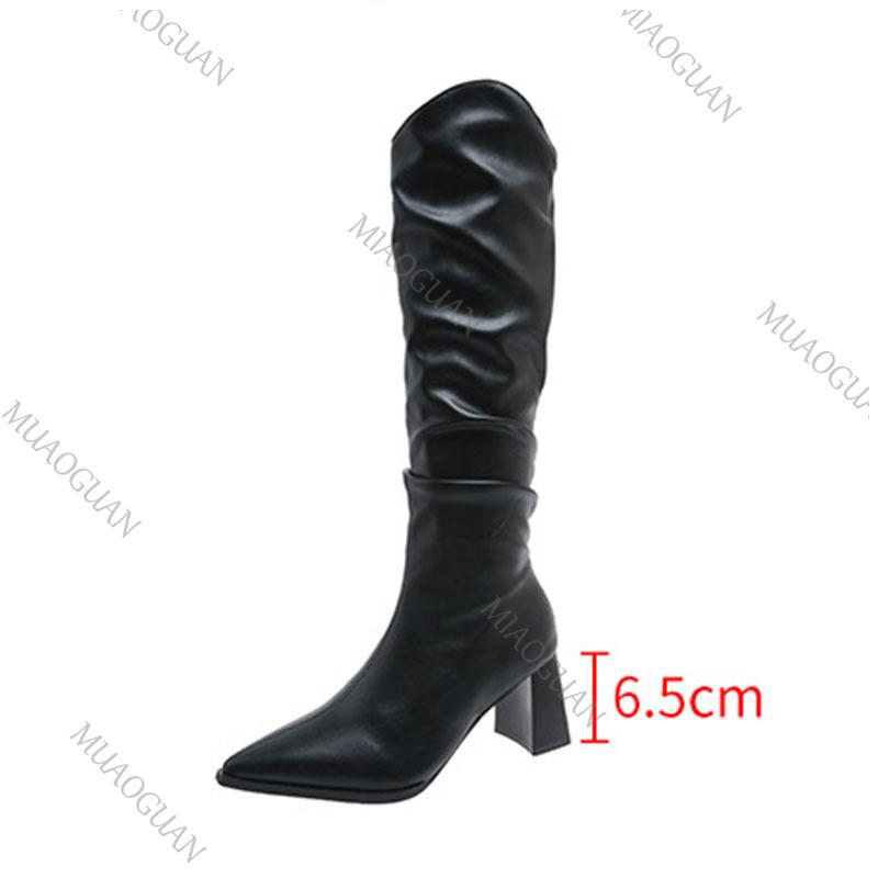 Fashion Boots for Woman Pointed Pleated Thigh High Boots Women Autumn Winter Chunky Heeled Shoes Solid Sexy Stacked Long Knee High Boots