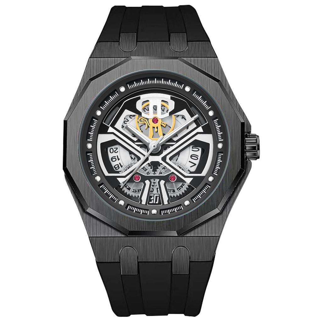 Men's Large Quartz Watch Black Warrior 12-Sided Case Hollowed-Out Face Silicone Strap Crafted with Precision Quartz Movement