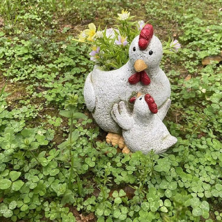Decorative Hen Figure with Chick, Sculpting Face and Wing Detail, Resin Small Planter Pot for Farm Theme Farmhouses Shelf, Cabinet, or Garden Patios