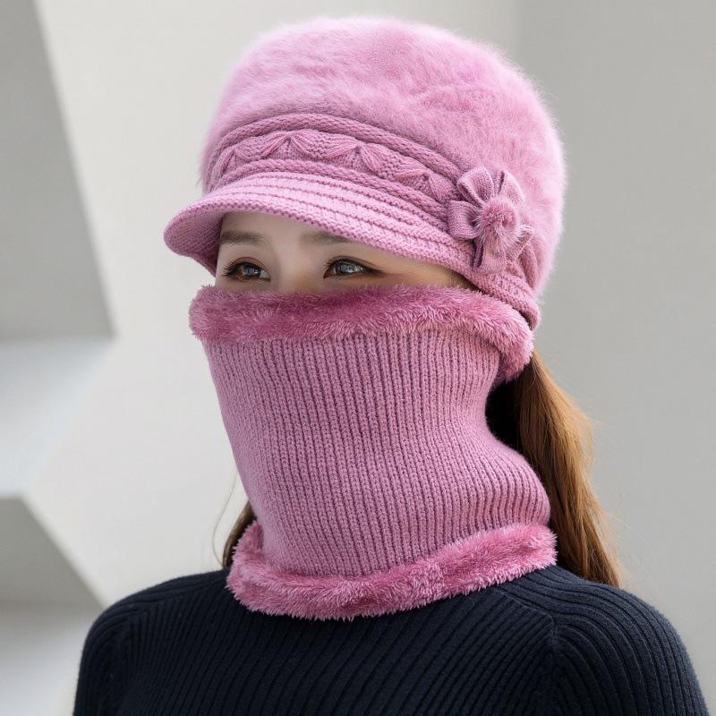 New Women Winter Hat Keep Warm Cap Add Fur Lined Hat & Scarf Warm Set Fashion Hat For Women Casual Faux Fur Flower Knitted Hat