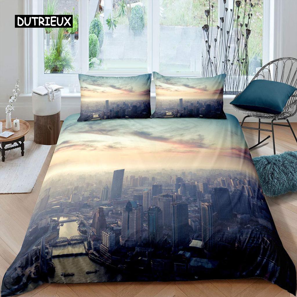 Cityscape Duvet Cover Set New York City Night View Quilt Cover for Boys Adults Microfiber Building Bedding Set 2/3Pcs King Size