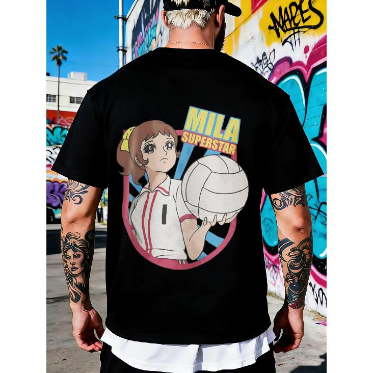 Schwarzes T-Shirt mit Mila Superstar Volleyballmädchen Grafikdruck für Sport und Freizeit L schwarz