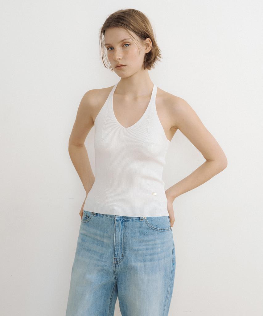 LUCIR ZU Airy Halter Knit Top (Ivory)