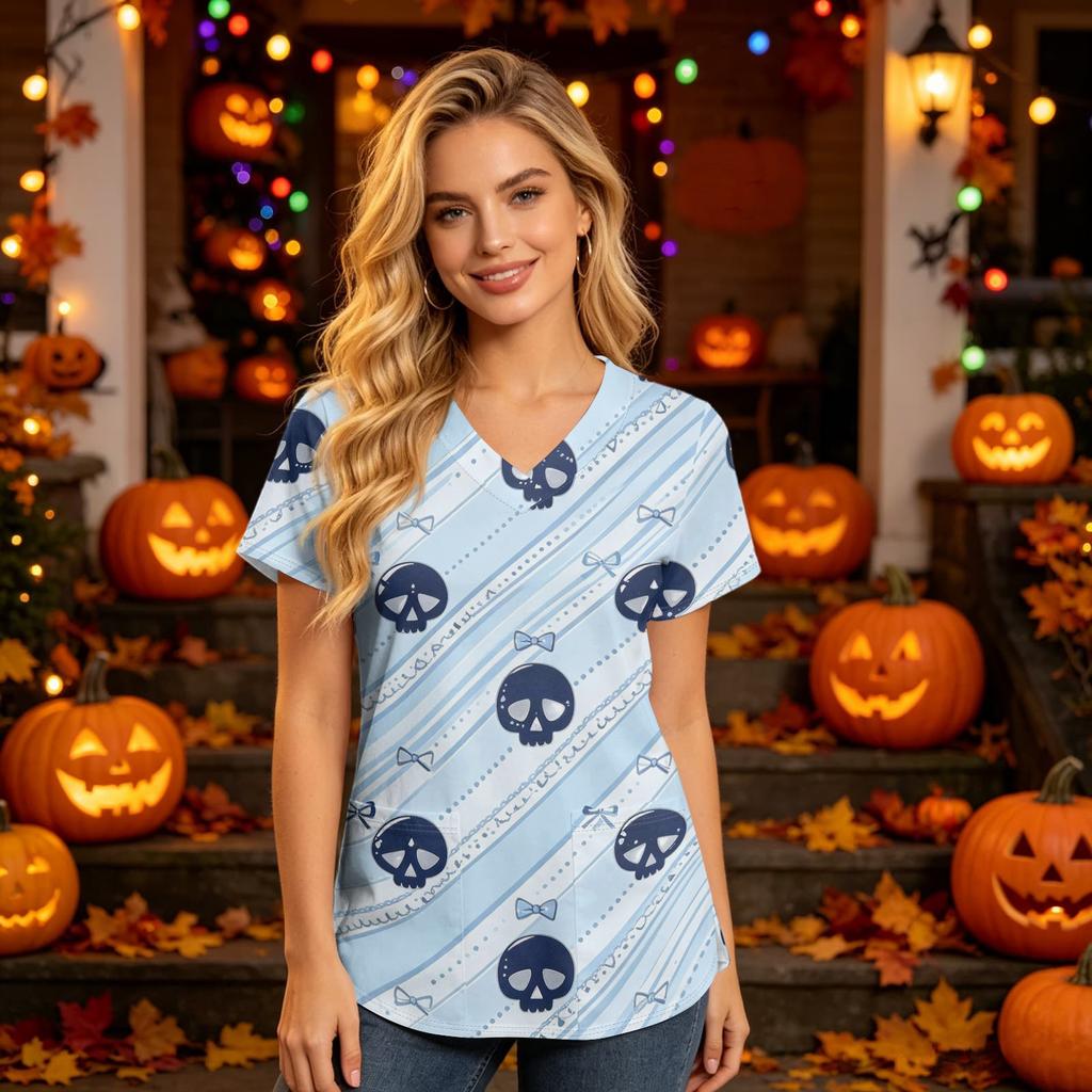 Women's V-Neck Short Sleeve Scrub Top with Pockets Halloween Print for Nurses and Caregivers