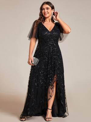 Ever-Pretty Women's Gorgeous V-Neck Sequin Embroidered Slit Evening Dresses with Mesh Ruffles Sleeve