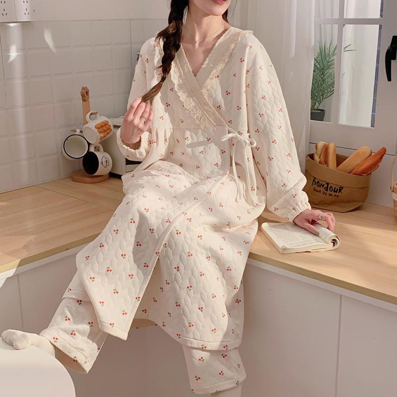 Autumn & Winter Air Cotton Maternity Nursing Pajamas: Long, Thickened Labor Dress for Postpartum and Pregnant Women