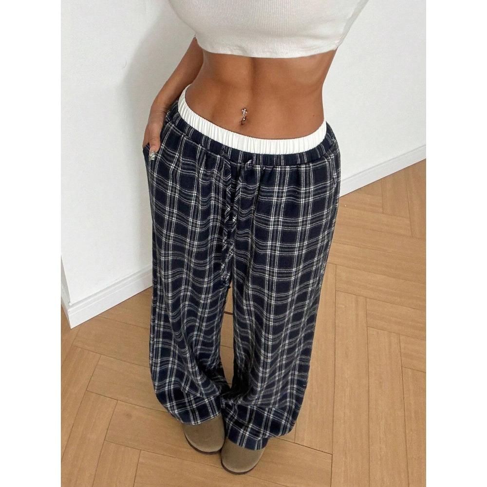 2025 New Amazon European and American Cross-border Women's Fashion Stripe Plaid Insert Color Loose Wide Leg Pants Casual Pants