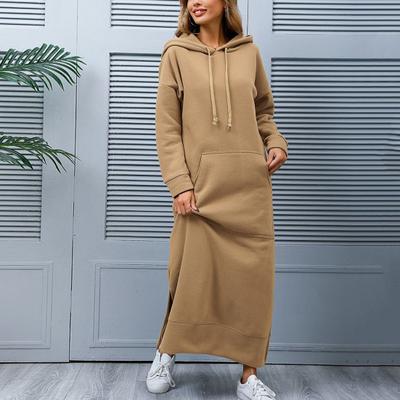 Mujer Otoño Invierno Color Sólido Sudadera Vestido Con Capucha Cordón Manga Larga Bolsillo Delantero Lado Split Maxi Vestido