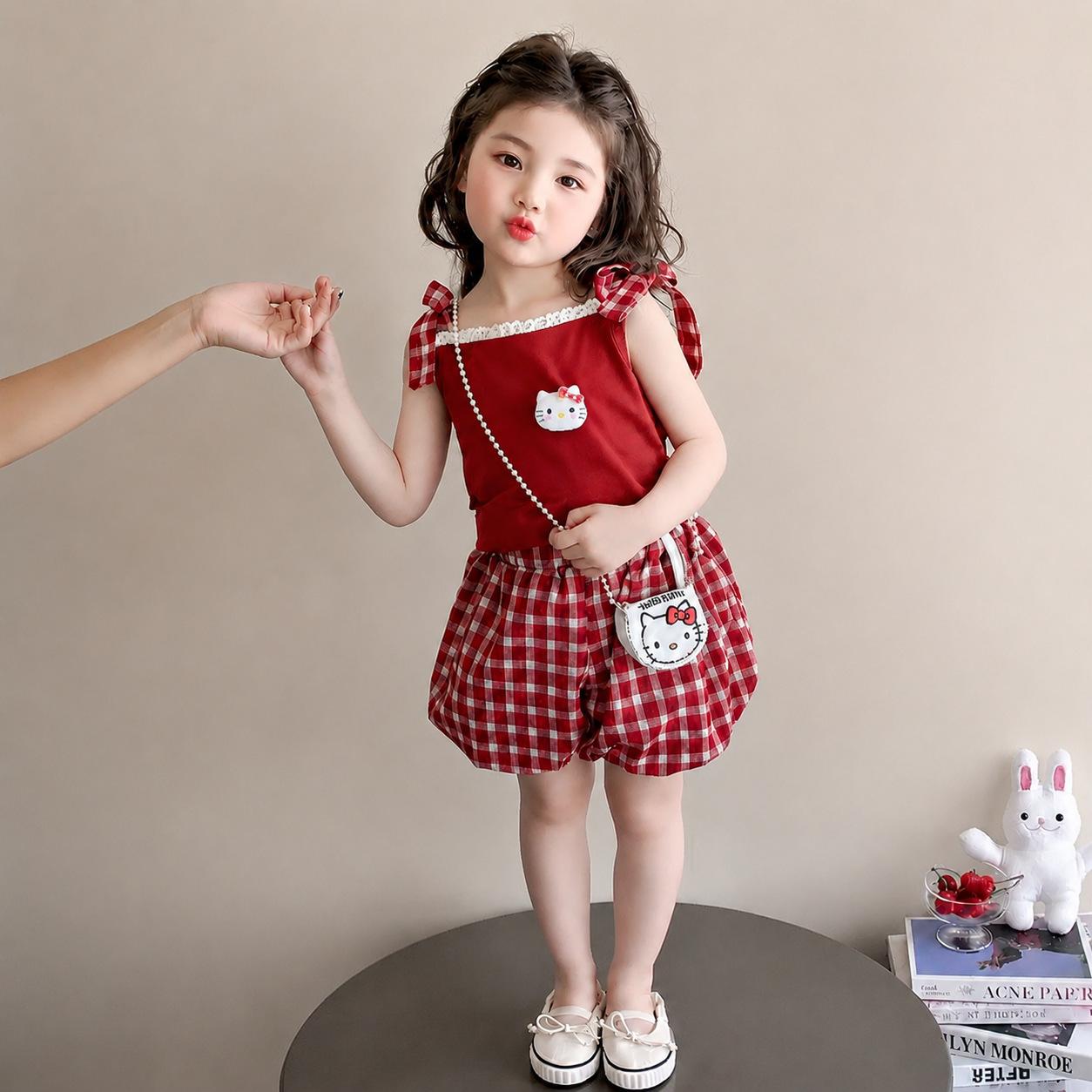 Cute Girls Summer Cat Print Camisole And Red Plaid Shorts Two Piece Set 90