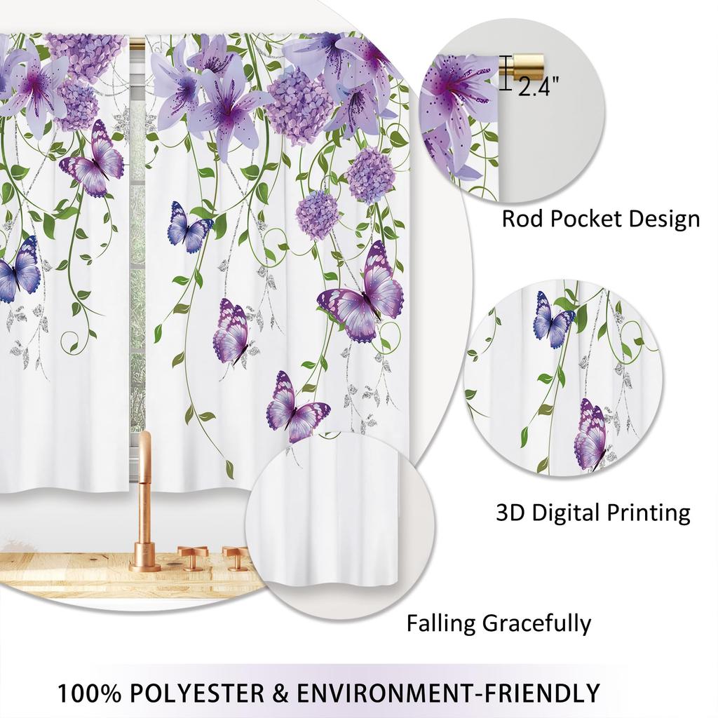 Purple Floral Butterfly Kitchen Curtains Rustic Flower Small Short Cafe Window Curtains Farmhouse  Botanical Window Drape