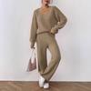 Women's minimalist casual fashion knit set: V-neck loose top + solid color wide-leg straight-leg pants sweater two-piece set
