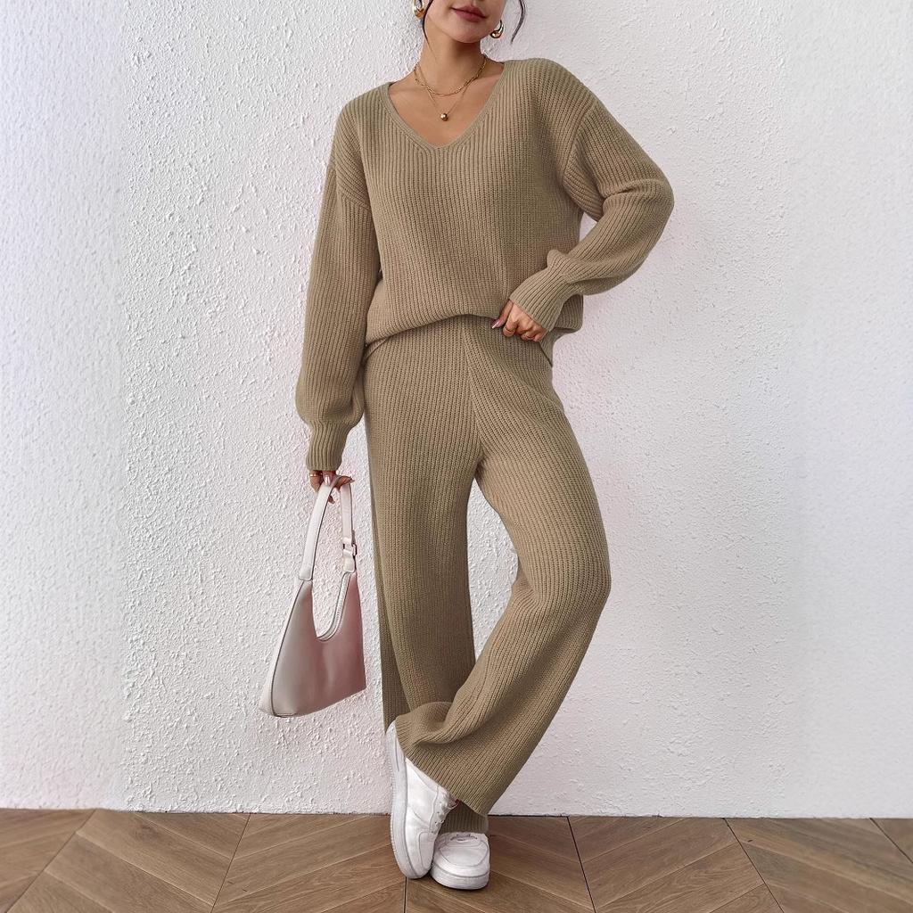 Women's minimalist casual fashion knit set: V-neck loose top + solid color wide-leg straight-leg pants sweater two-piece set