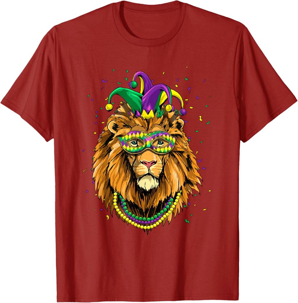 Lion Mardi Gras Mask Graphic Tee Breathable Short Sleeve T-Shirt Carnival Trip