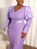 Plus Size Elegant Light Purple Jacquard Puff Sleeve Long Formal Dress.