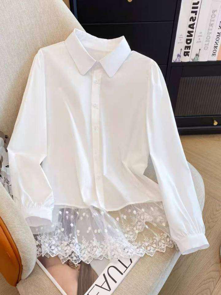 2025 Spring French White Lace Patchwork Shirt - Korean Style Retro Slimming Loose Long-Sleeved Women's Top