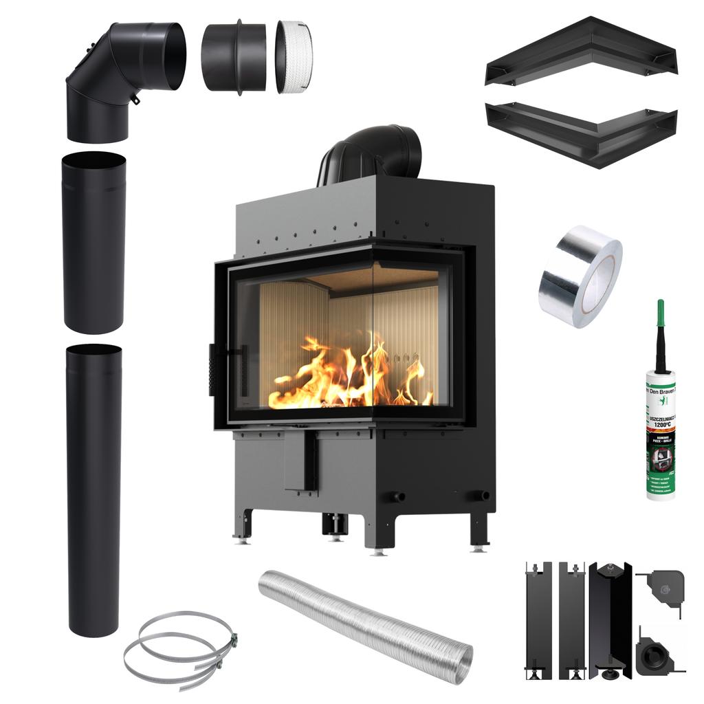 KRATKI LUCY Right Side Air Fireplace Insert 14 kW Ø200 Installation Kit
