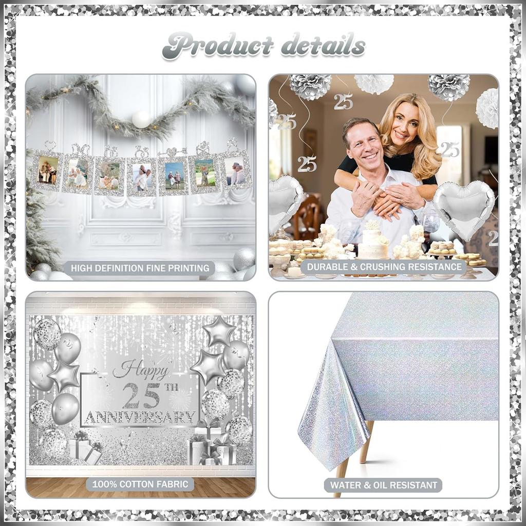 25th Anniversary Decorations, Silver 25th Wedding Anniversary Party Decorations, 25 Year Anniversary Decor, Happy 25th Anniversary Backdrop