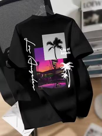Sunset City Palm Tree Pattern Printed Unisexs Breathable Cotton Tshirt For Summer Streetwear Style For Unisex And Unisex S