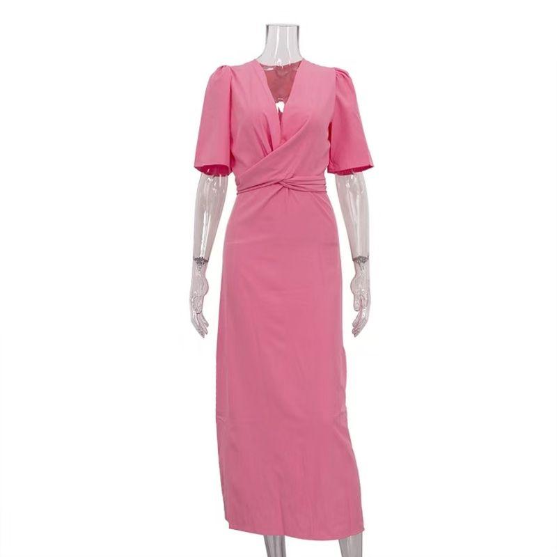 

Western Style New Sexy Solid Deep V-neck Cross Straps Short sleeve Dress V-Neck Strap Dress Pink S