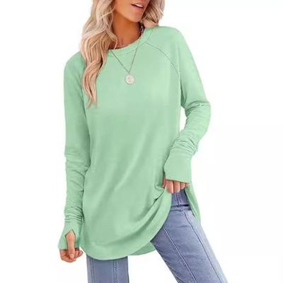 Women's Round Neck Solid Color Finger Long-sleeved Top Loose Medium and Long Bottoming Shirt