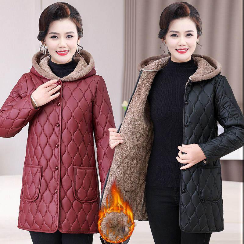 Women Middle-aged Cotton-padded Jacket with Hood and Thickened Velvet for Mid-length