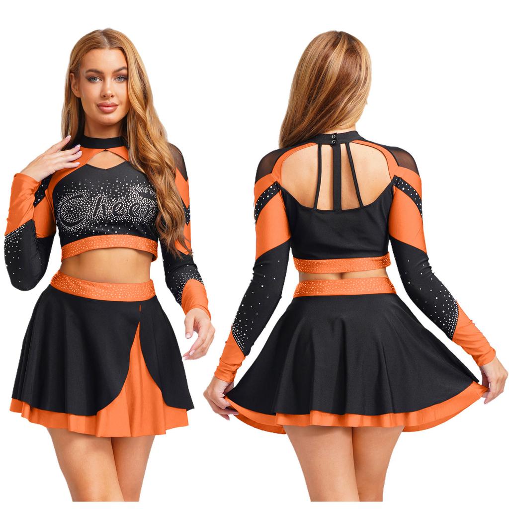 Комплект з 2 предметів для танців та чирлідингу для жінок S-XXL: Привабливий топ зі стразами та контрастна спідниця для сцени або Хелловіну