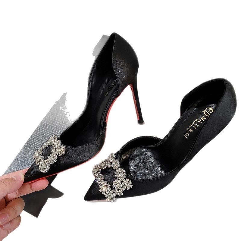 Autumn and winter new pointed black rhinestone square buckle satin sexy side air temperament single shoes high heels