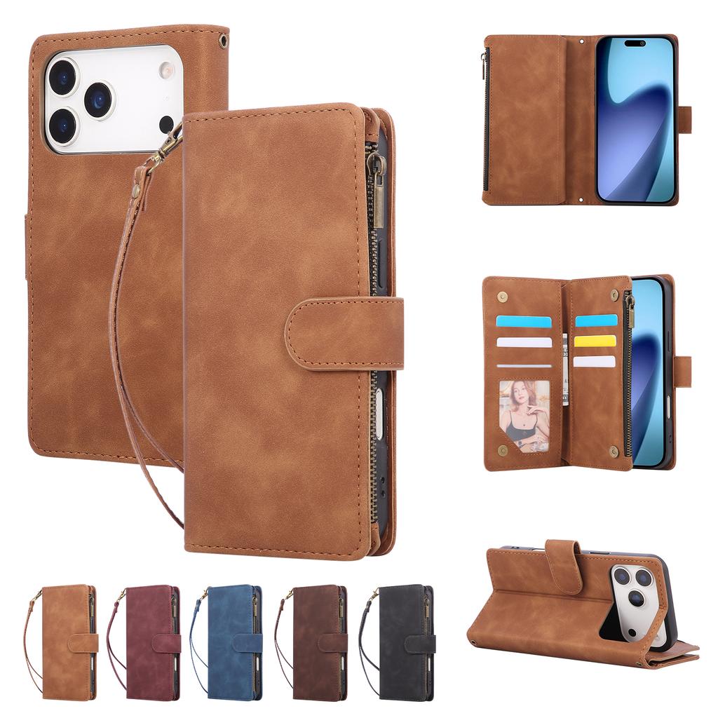 Zipper Cards Solt Wallet Leather Case for IPhone Air 17 16 15 14 13 12 11 Pro Max XS XR 16E 8 Plus SE Wallet Bag Kickstand Cover