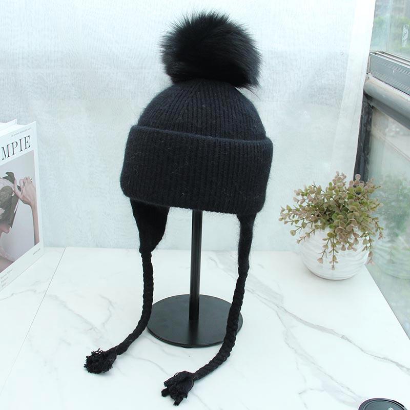 High-quality long rabbit fur ear protectors are exported to Russia in winter, thickened and enlarged, warm fox hairball knitted hat for women