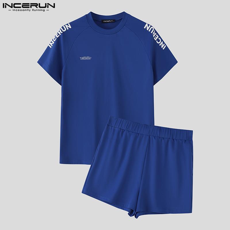 INCERUN 2 STÜCKE Herren Kurzarmhemden Kurze Hosen Lässig Figurbetont Sportlich Zweiteilige Sets