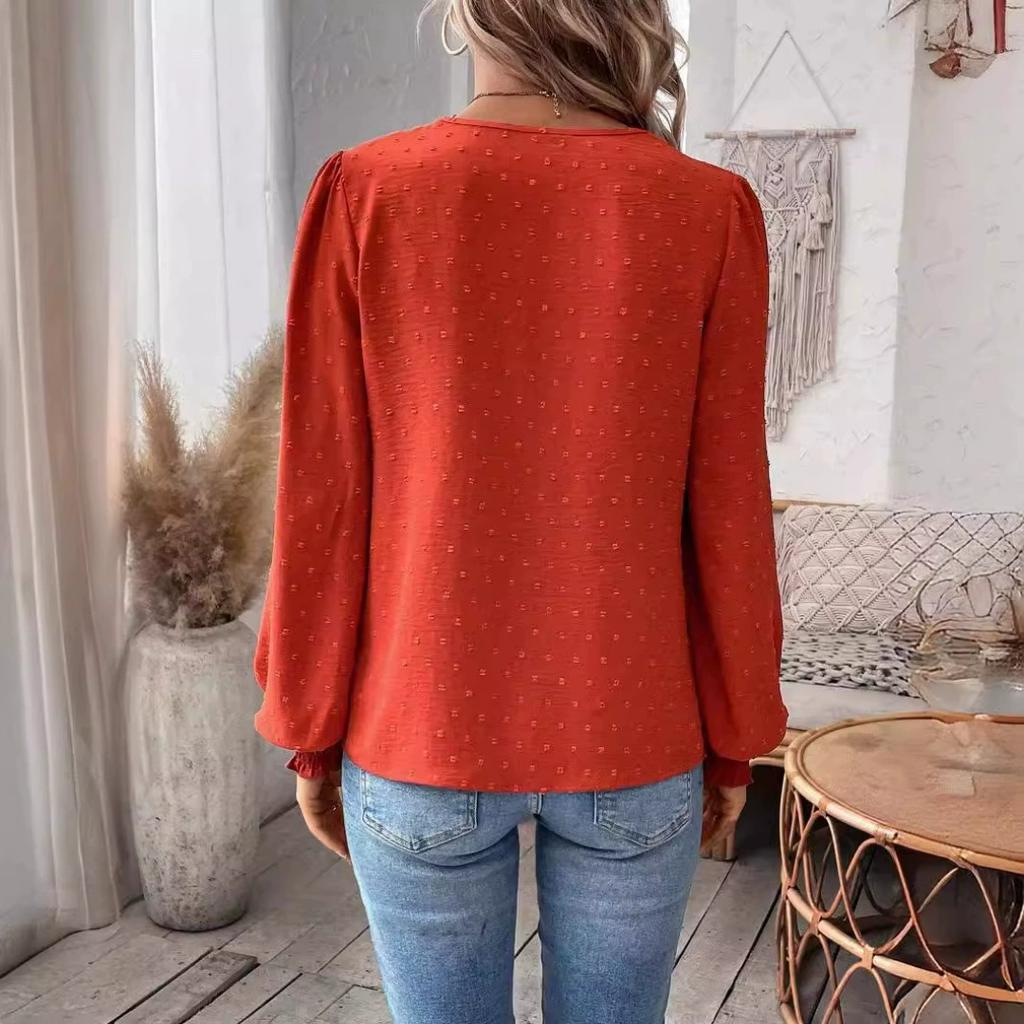 Fashion V-neck Lace Solid Color Long-sleeved Casual T-shirt Women's Top