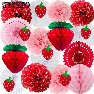 22pcs Strawberry Party Tissue Pom Poms Red Pink White Decorations Set Tissue Fans Honeycomb Lanterns Banner Flags for Birthday Bridal Showers Baptisms