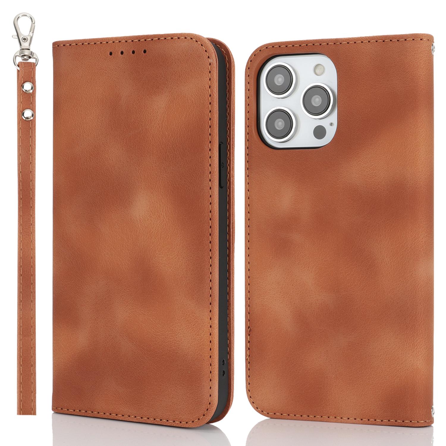 

For iPhone 14 Pro Max Stand Case Magnetic Closure Skin Touch Leather Flip Phone Cover with Wallet E