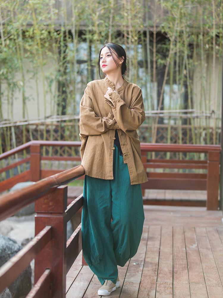 Dambyxor i Zen-stil av ramie, sandtvättade, med vida ben - Vår/Sommar, Casual, Hem- och Resplagg