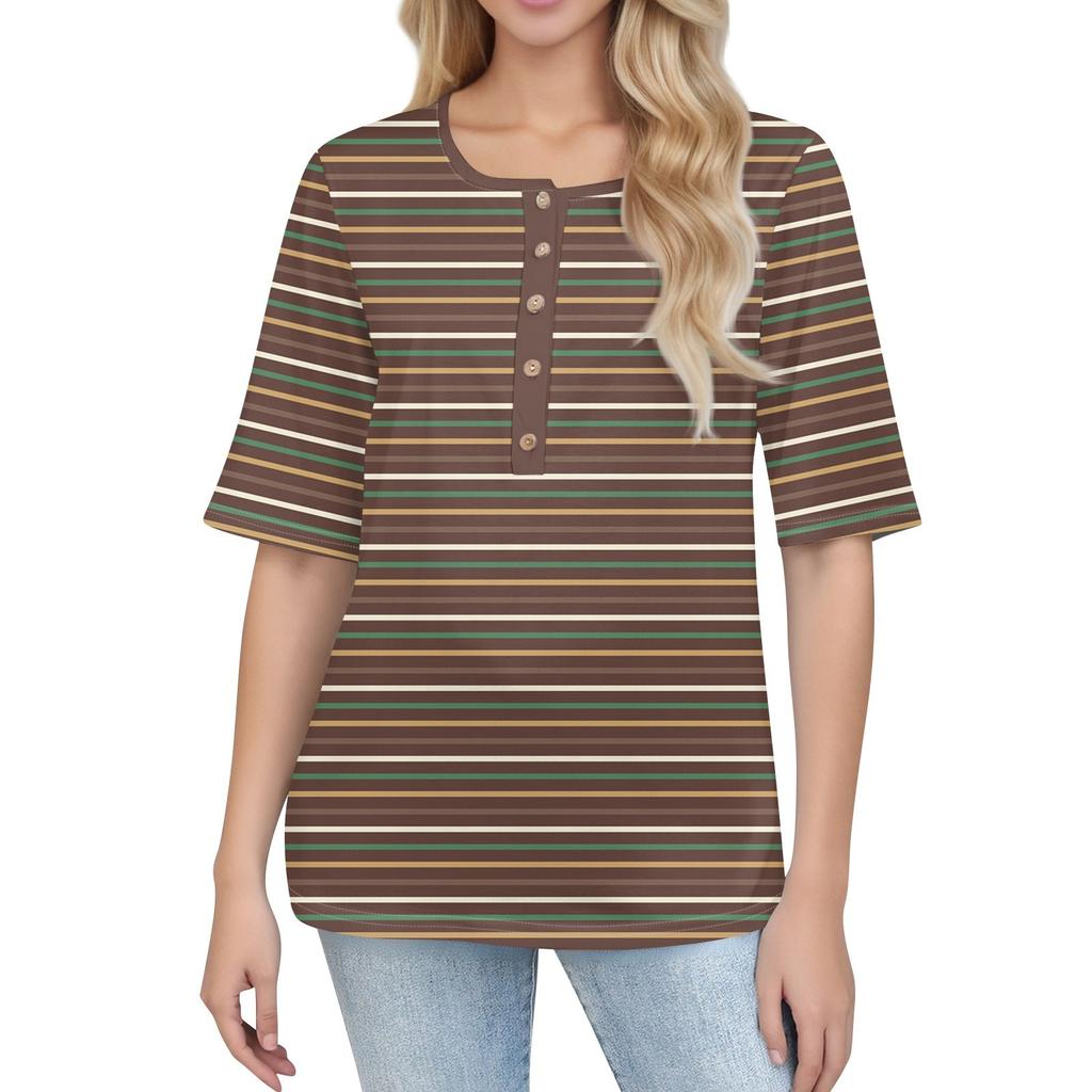 Shirts For Women Trendy Round Neck Button T Shirts Printed  Blouse Half Sleeve Tops For Women