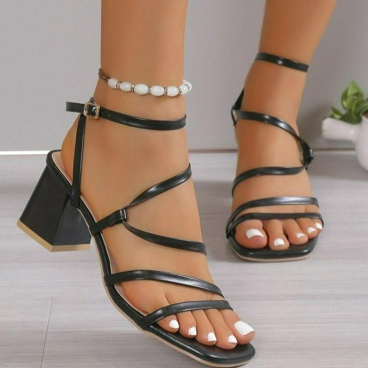 2025 New Square Head Thin Strap Buckle Thick Heel Sandals Cross-border Large Size Open-toed Sexy Women's Cool Slippers