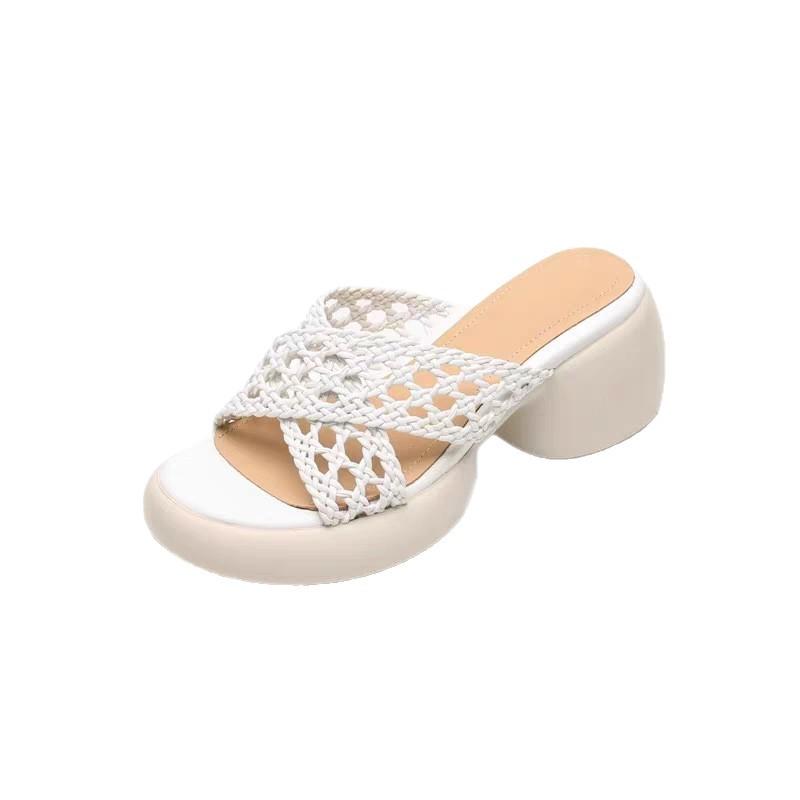 Stepping On Shit Open-toed Sandals Platform Slippers Women's Outer Wear Hollow One-word Drag 2025 Summer Women's Shoes Woven High Heels