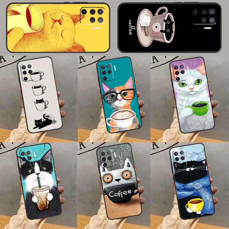 Cute Animal Cat Coffee Phone Case For Oppo A94 A74 A54 A15 A18 A38 A58 A78 A98 A40 A60 A80 A16 A76 A96 A57S A17 A77